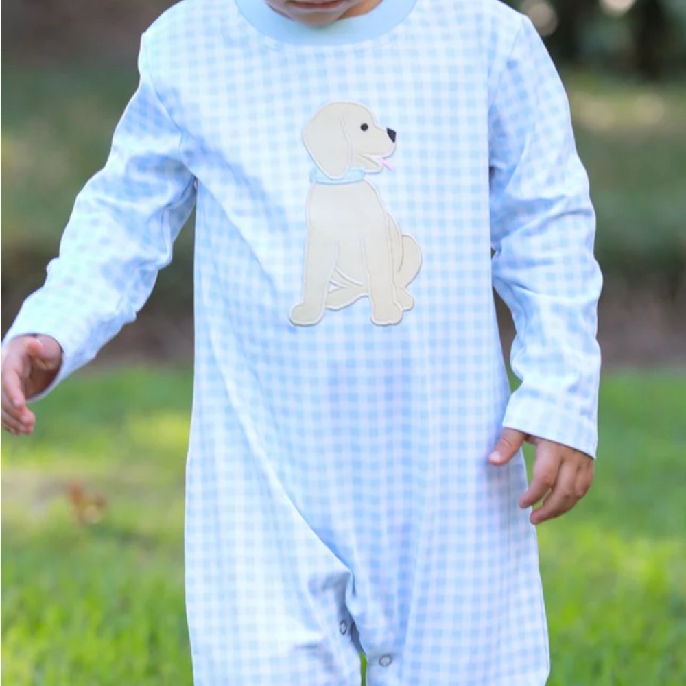 Puppy Print Blue Gingham Kids Footie